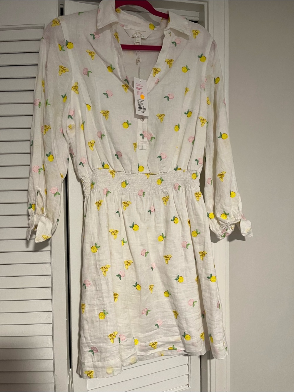 Lilly Pulitzer White Linen Shirt with Yellow Lemon & Pink Floral Embroidery
